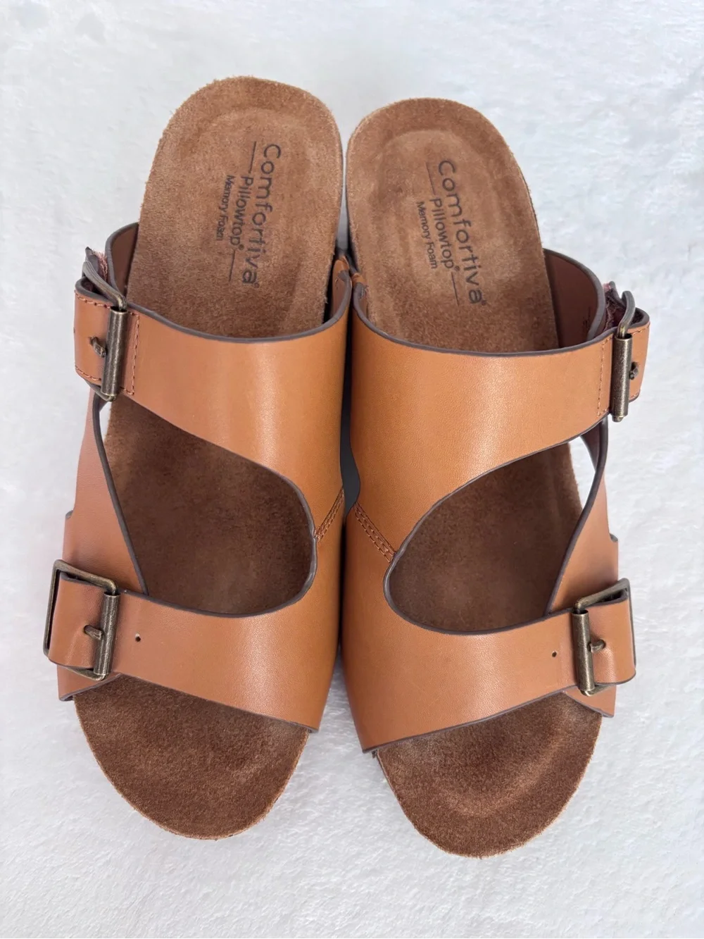 COMFORTIVA Emah Tan Leather Slide-On Wedge--EUC--9